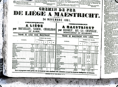 804201 Afbeelding van een in een krant gepubliceerde dienstregeling voor de treinen tussen Luik en Maastricht, ingaande ...